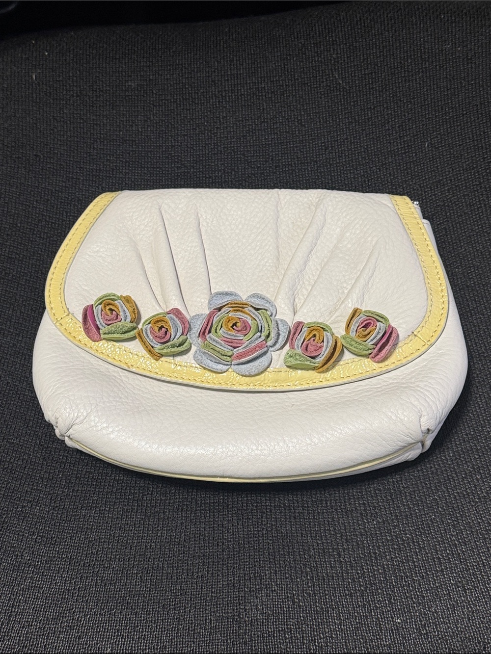 Brighton White Leather Clutch Vintage Yellow Trim and Multicolor Rose Appliqué